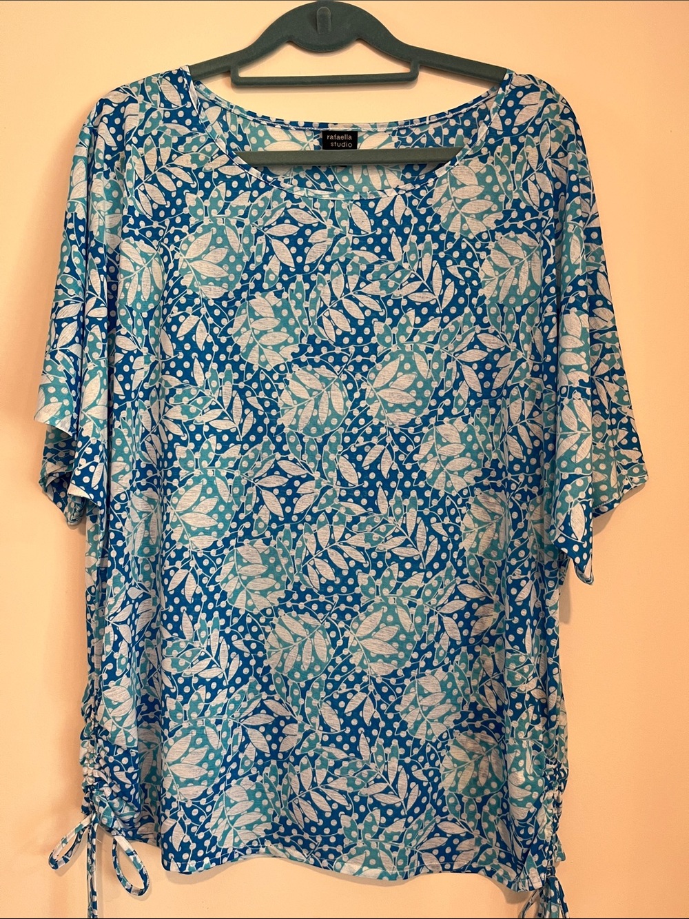 Rafaella Blue & White Leaf-Print Short Sleeve Side-Tie Tunic